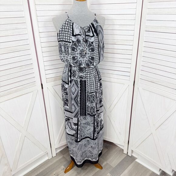 Enfocus Mosaic Print Sleeveless Smocked Waist Halter Maxi Dress Black White 6 - Picture 1 of 13